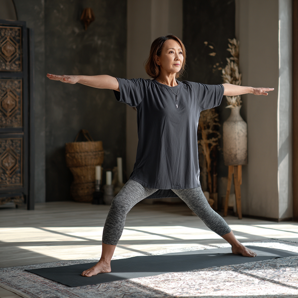 Turli yoshdagi oʻzbek odam tabassum bilan yoga mashqlarini bajarayotgan, tinch va xotirjam muhitda